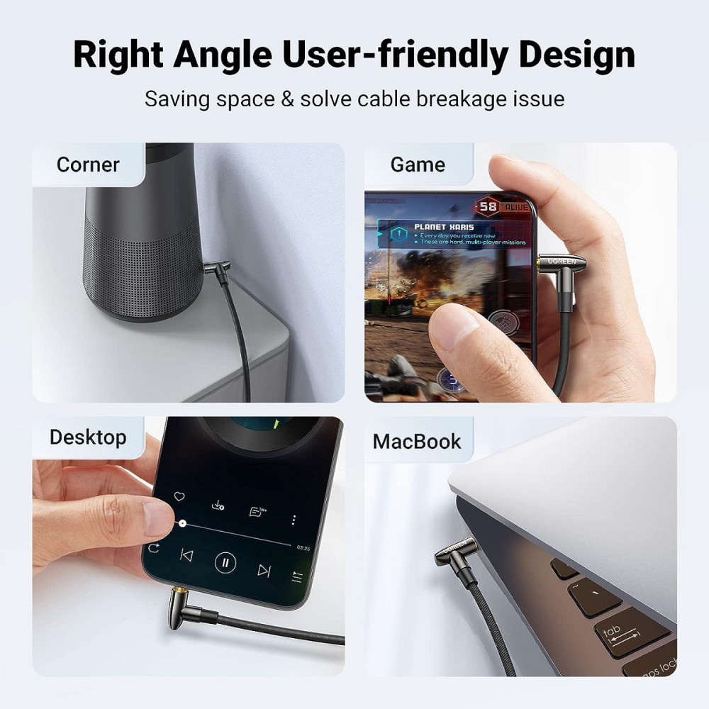 Аудіо кабель AUX 3.5mm jack UGreen з кутовим L-подібним штекером AV188 20494 (Чорний, 1м) Николаев - изображение 4