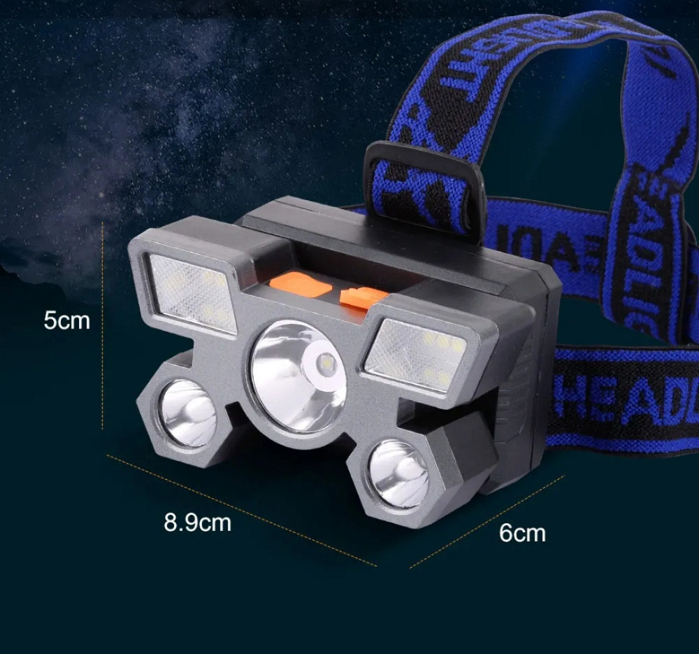 Налобный фонарик на аккумуляторе 5 led с зарядкой USB 4 режима черный Киев - изображение 9