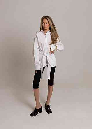 Жіноча базова приталена сорочка з поясом котон Білий Одеса