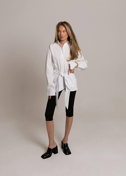 Жіноча базова приталена сорочка з поясом котон Білий Одеса - фото 2