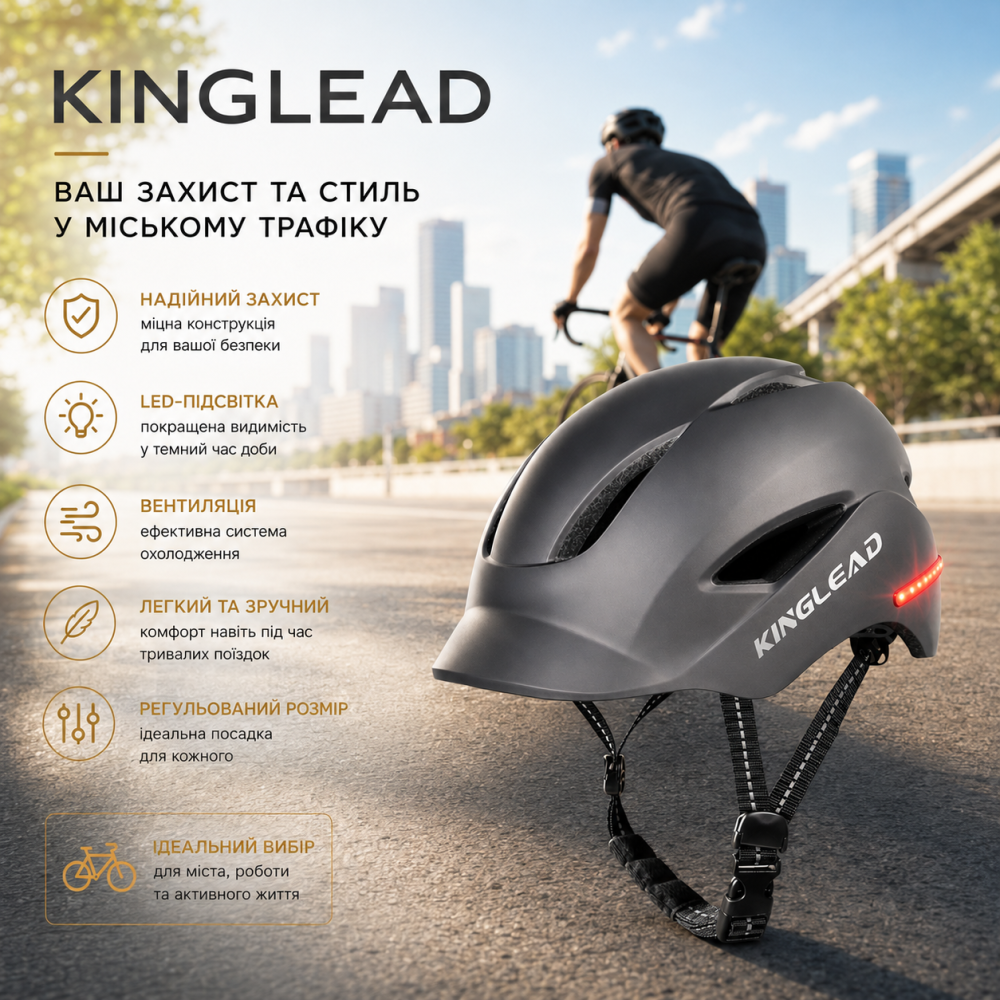 Велосипедний шолом KINGLEAD з LED-підсвіткою: Ваш захист та стиль у міському трафіку Київ - фото 11