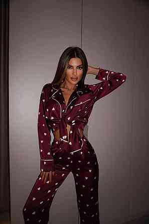 Женская пижама двойка с сердечками из шелка армани Бордовый, 40/42 Одесса