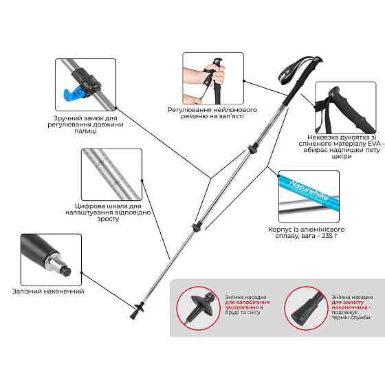 Трекінгова палиця телескопічна для походів та спортивної ходьби Naturehike Men ST 01 6061 AL NH17D001-Z алюміній Зелена Київ