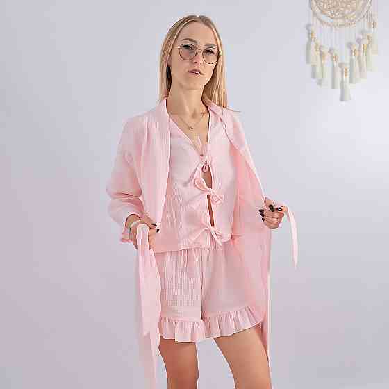 Бавовняна рожева жіноча піжама три в одному сорочка +шорти з рюшами+халат Кам'янець-Подільський