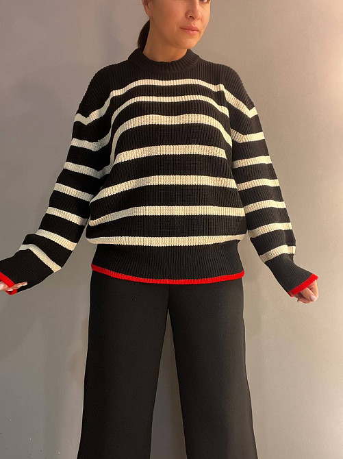 Свитер женский MIX RAY 6635 полоска оверсайз удлиненный свободный крой, черный, one size Киев - изображение 2