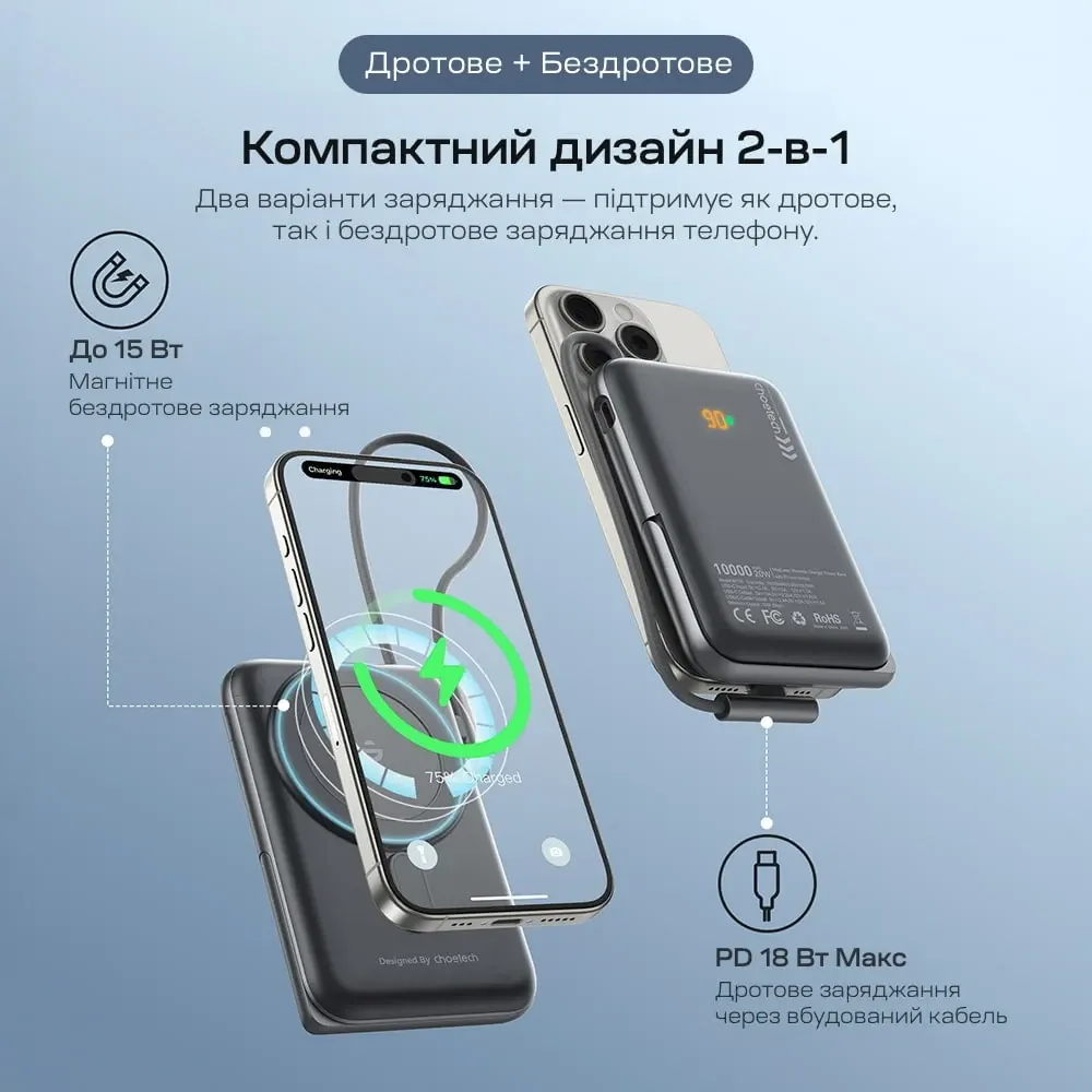 Повербанк 10000mAh Choetech B735 Black QC3.0 PD3.0 бездротова магнітна зарядка, вбудований кабель, підставка (43-00149) Київ - фото 12