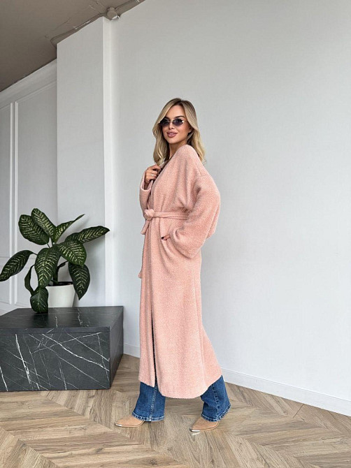 Женский длинный длинный кардиган с поясом и карманами. Персик, 46/48 Одесса - изображение 2