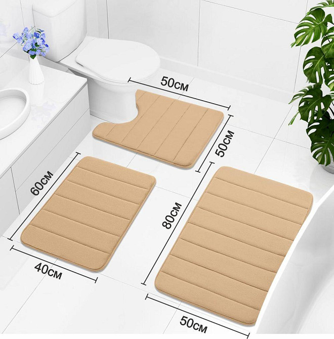 Набор 3 коврика для ванной Aquarius с эффектом памяти 50х80 см, 40х60 см, U-образный 50х50 см Бежевый в полоску Буча - изображение 2