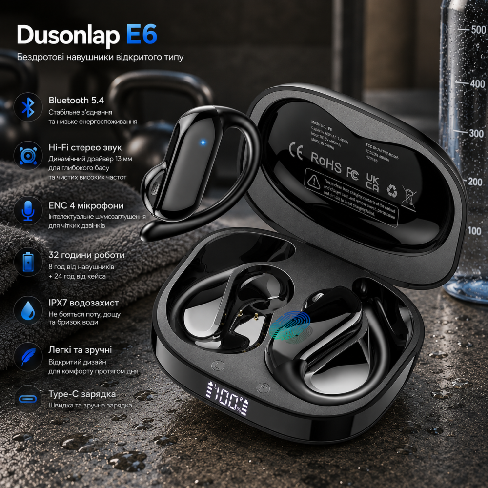 Беспроводные наушники Dusonlap E6 Bluetooth 5.4, открытые, Hi-Fi стерео, ENC, 32 ч, IPX7, для спорта и бега Киев - изображение 1