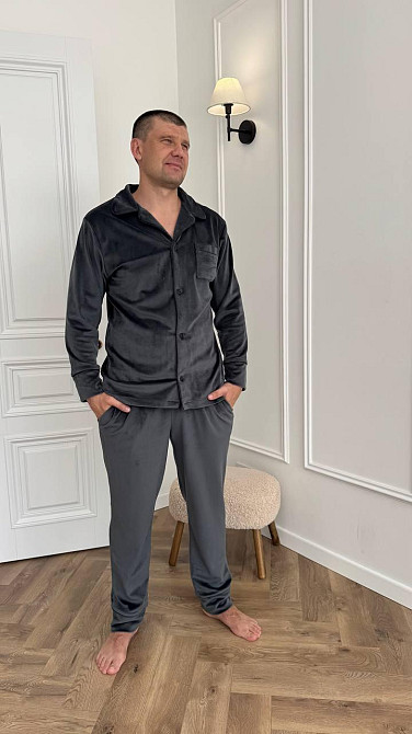 Піжама чоловіча велюрова на ґудзиках Графітовий L Харків - фото 3