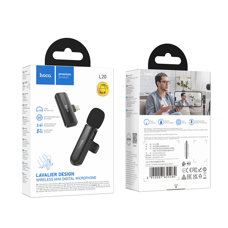 Бездротова мікрофонна система HOCO L20 Fair wireless microphone iP Black Одеса - фото 2