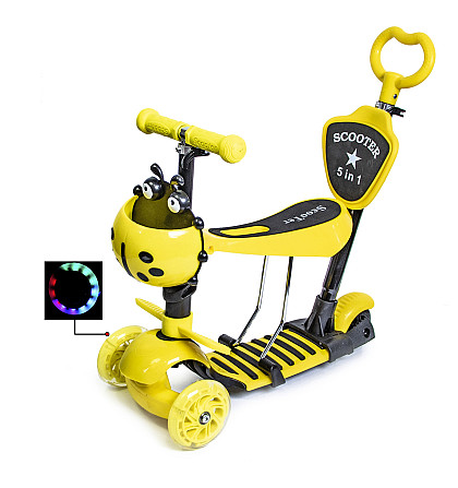 Детский самокат с сиденьем и родительской ручкой Scooter "Божья коровка" 5 в 1. Желтый Одесса - изображение 1