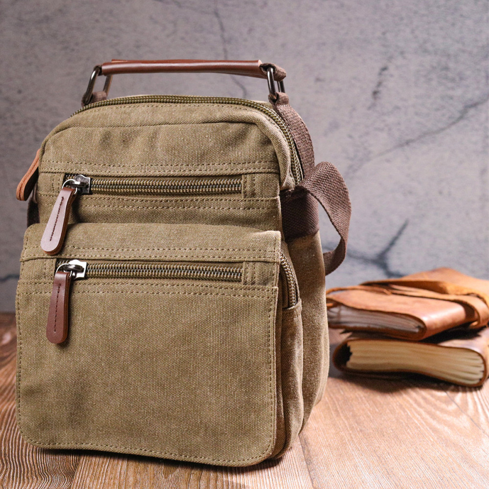Тканевая мужская сумка из плотного текстиля Оливковая (Vintage) Киев - изображение 2