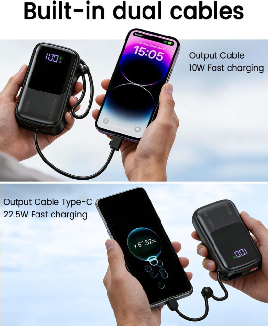 Повербанк BYEGUJIN 20000 мАг 22,5 Вт, швидка зарядка PD/QC, 2 вбудовані кабелі USB-C/Lightning, LCD-дисплей, чорний Київ - фото 3