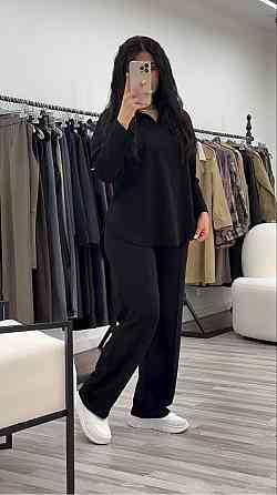 Жіночий стильний повсякденний костюм з V-вирізом двонитка Чорний, 60/62 Одеса