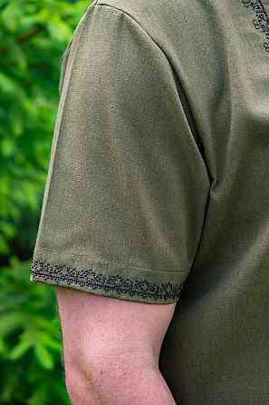 Вышиванка мужская, лен, короткий рукав,  хаки, топ Киев