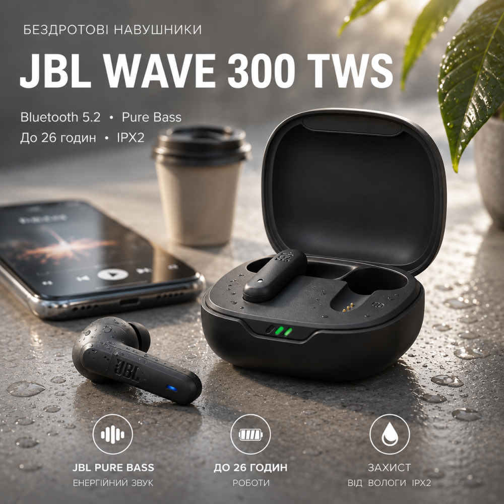 Бездротові навушники JBL Wave 300 TWS Black Вкладиші Bluetooth навушники з Pure Bass сенсорні Чорні Київ - фото 16