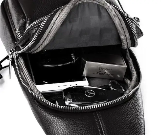 Мужской кожаный слинг сумка-рюкзак через плечо черная TIDING BAG-MK 83423 Каменское