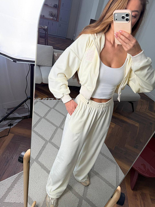 Жіночий велюровий костюм на блискавці Кремовий, 48/52 Харків - фото 2