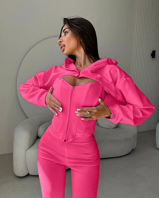 Женский стильный костюм тройка: кофта, корсет и лосины замш на дайвинге Одесса - изображение 1