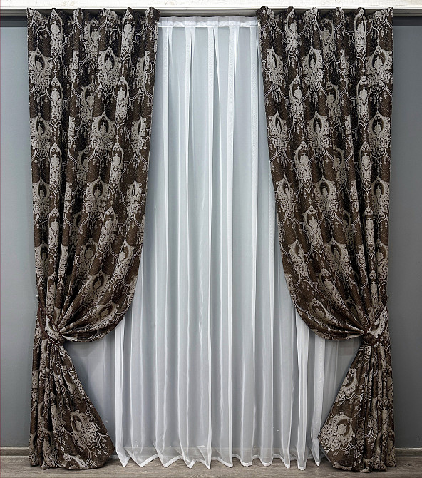 Комплект готовых штор VR-Textil Парча № 1773ш Венге с молочным 155х290 см 2 шт (33-0735) Киев - изображение 2