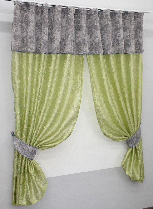 Кухонные шторы VR-Textil № 073к с ламбрекеном и подхватами салатовый с серым 270х150 см (59-594 Киев - изображение 2