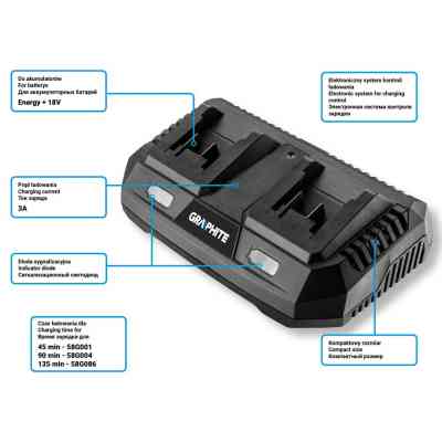 Зарядное устройство для аккумуляторов инструмента Graphite Energy+ 18V, 3А,0.74кг (58G085) Винница