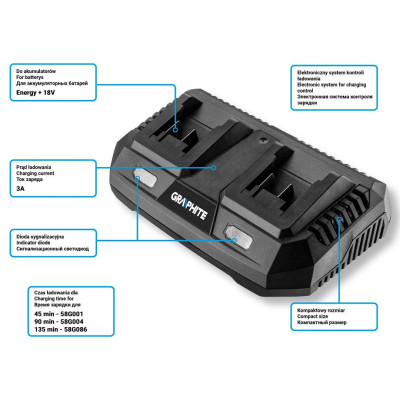 Зарядное устройство для аккумуляторов инструмента Graphite Energy+ 18V, 3А,0.74кг (58G085) Винница - изображение 2