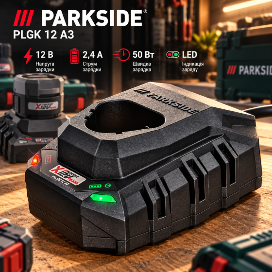 Зарядний пристрій Parkside PLGK 12 A3 12 В 2,4 А 50 Вт для акумуляторів X12V Team, швидка зарядка, LED Київ