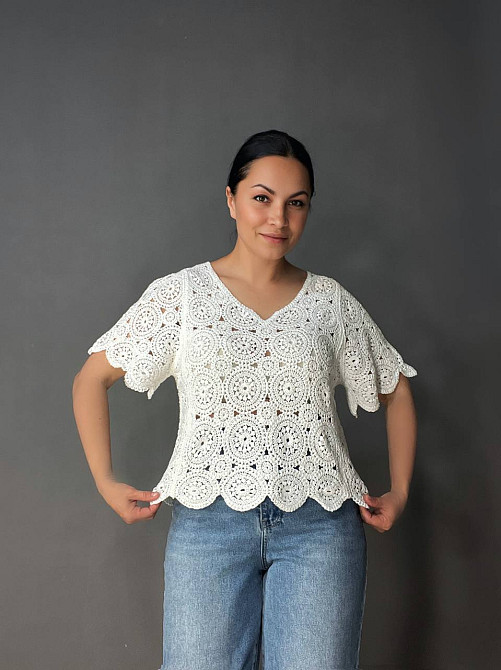 Блузка женская A-N 5303 кружевная вязаная с коротким рукавом, белый, one size Киев - изображение 7
