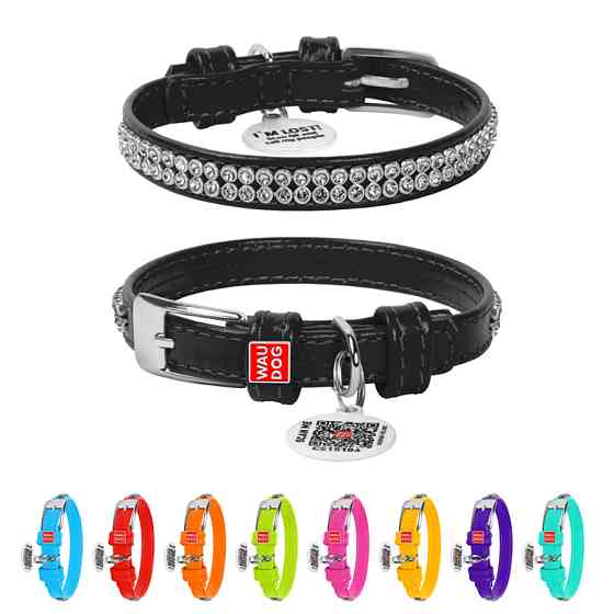 Нашийник для собак шкіряний WAUDOG Glamour з QR паспортом, з прикрасою "Полотно стрази", XXS, Ш Коломыя