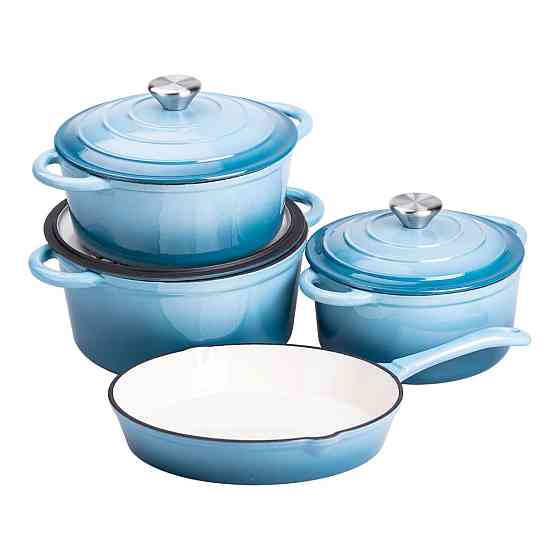 Набір чавунного посуду для приготування 3 каструлі та сковорода з емальованим покриттям Блакитний HP-1-7 Коломия