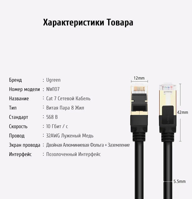 Патч-корд Ugreen NW107 прямой UTP сетевой кабель Ethernet Cat7 с RJ 45 11274 (Черный, 15м) Николаев - изображение 9