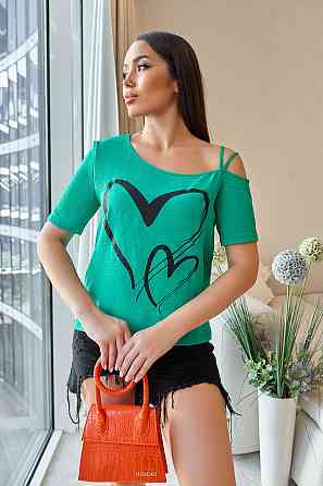 Літня блузка з відкритим плечем "Elis"| Батал | Розпродаж моделі Зелений, 50-52 Київ