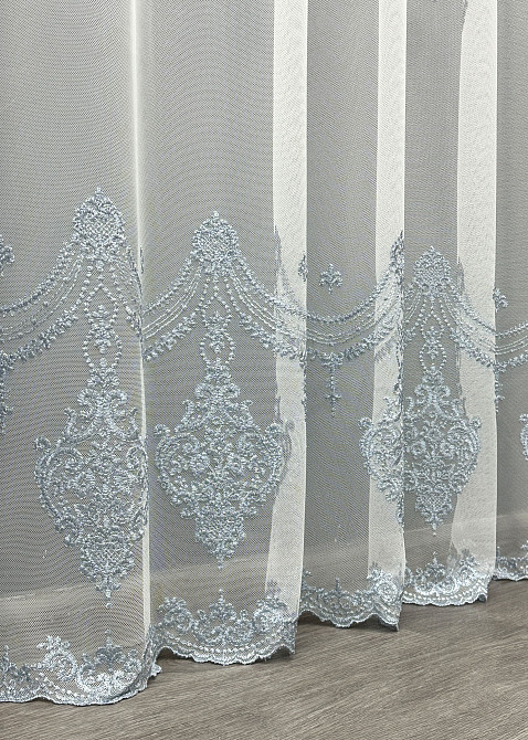 Тюль VR-Textil 1657т Грек-сетка с вышивкой и люрексом Молочный с серо-голубым 300х270 см (42-0661) Киев - изображение 8