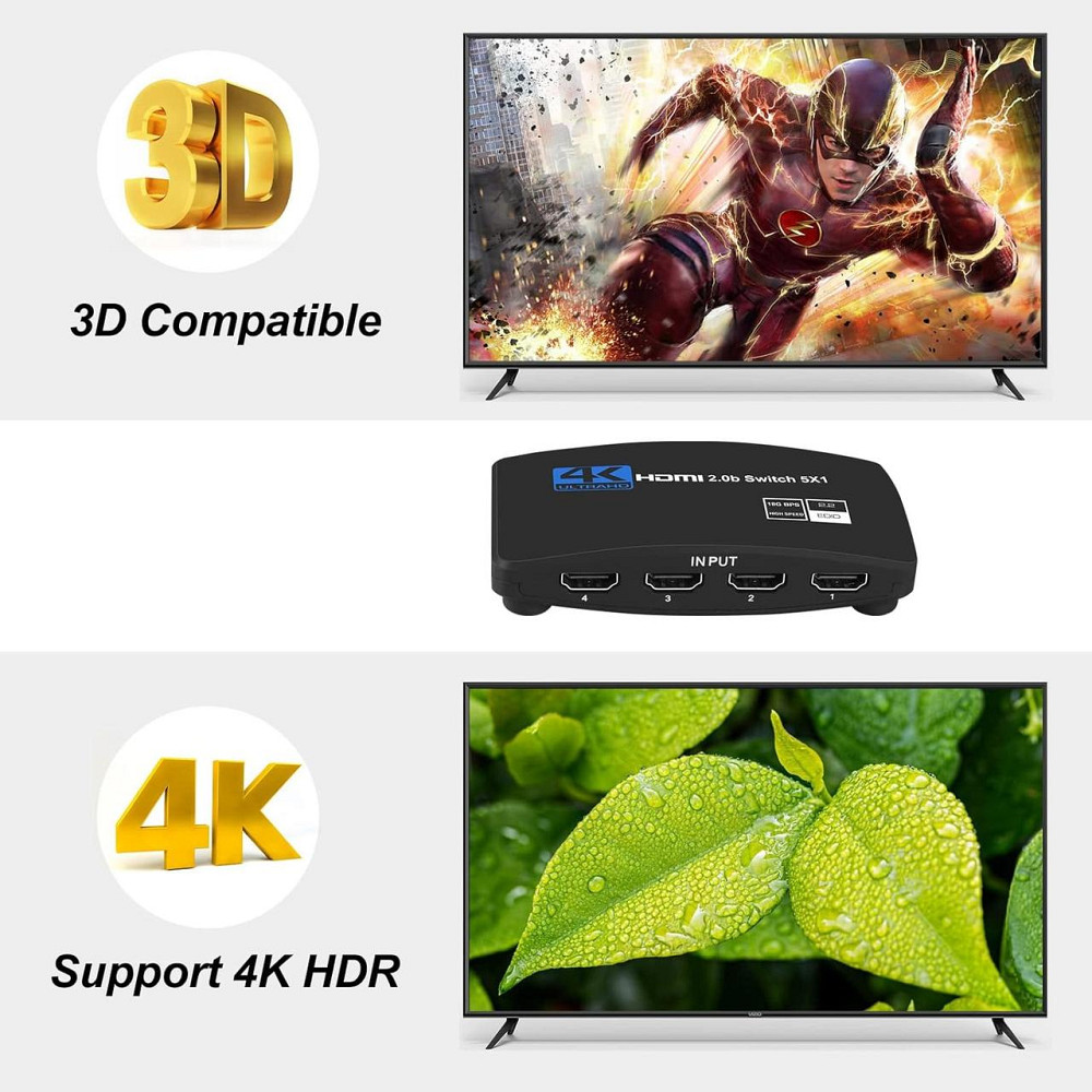 HDMI перемикач NEWCARE на 5 портів з пультом, 4K 60Hz HDMI 2.0b UHD, сумісний з PS5, Apple TV, XBOX, Nintendo Київ - фото 5