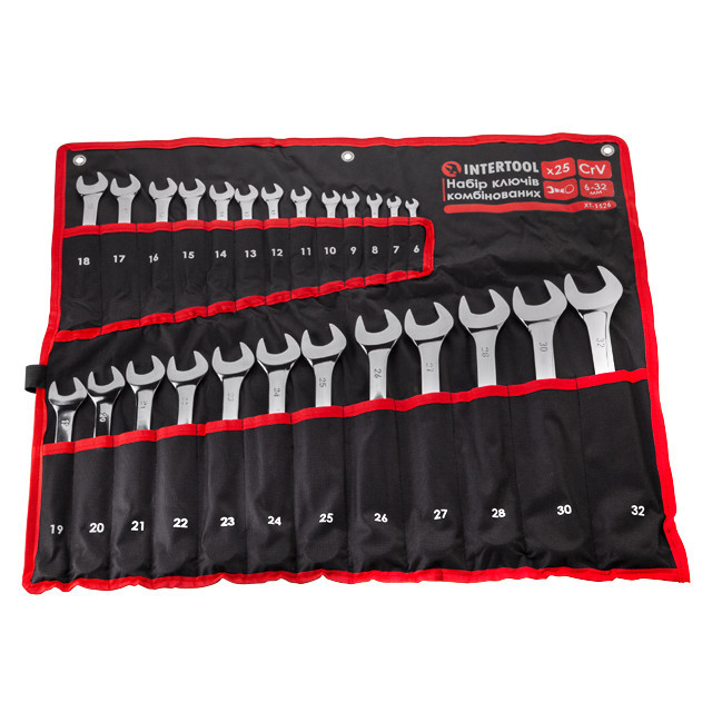 Набір ключів комбінованих, 25 шт., 6-32 мм, професійні, polishing, DIN3113, чохол INTERTOOL XT-1526 Київ - фото 1