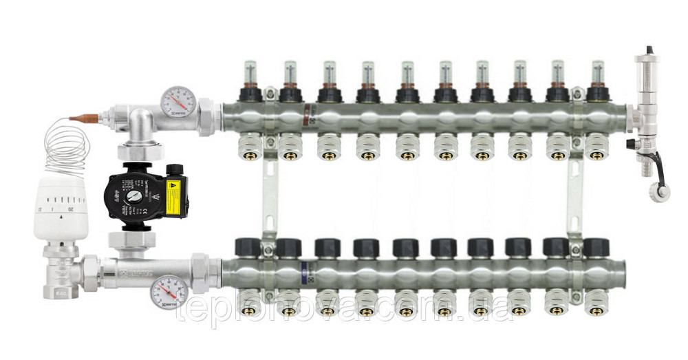 Колектор в зборі на 10 пар виходів нержавійка  "Raftec" ARC10 для Теплої Підлоги з розходомірами Чернівці - фото 9