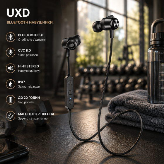 Беспроводные Bluetooth-наушники UXD с микрофоном CVC 8.0, Hi-Fi звук, IPX7, до 20 часов работы, магнитные, черные Киев