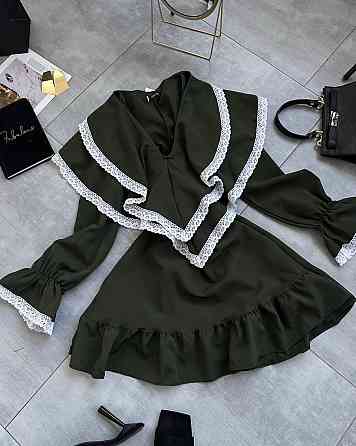 Женское романтичное платье с длинным рукавом костюмка + кружево Хаки, 42/44 Одесса