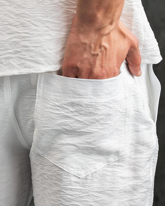 Повсякденні чоловічі штани з льону літні легкі штани на резинці класичні на зав'язках молочні Aero Одеса - фото 5