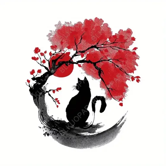 Наліпка вінілова Аніме Кіт під сакурою – чорна кішка, червоне сонце, японський стиль 13 см Київ