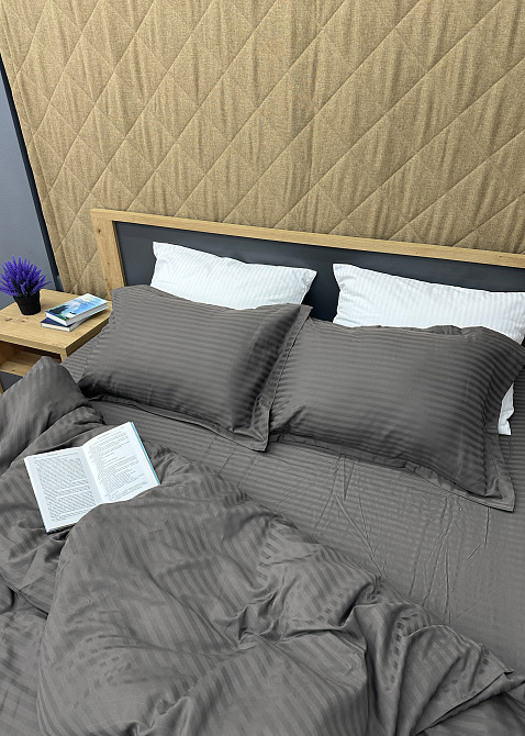 Комплект постельного белья Страйп-сатин Двуспальный 180х220 с простыней на резинке Графитовый (88-096) Киев - изображение 6