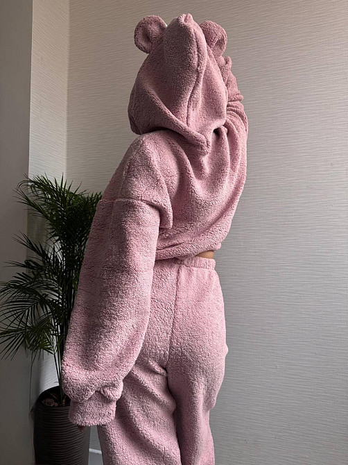 Жіноча стильна домашня плюшева піжама з вушками хутро тедді Пудра Одеса - фото 8