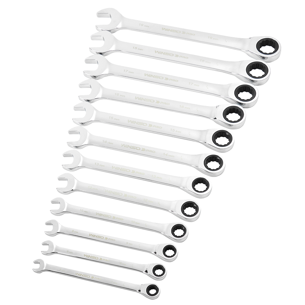 Набор комбинированных рожково-накидных ключей с трещоткой WINSO PRO, 12 шт, 7–19 мм, пластиковый держатель Киев - изображение 3