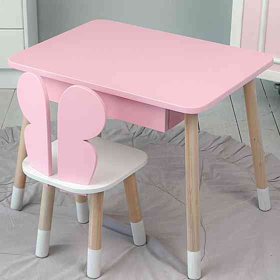 Стіл прямокутний з ящиком для речей 46х60х45 і стілець метелик 26х26х24, столик та стільчик в дитячу, рожевий з білим Київ