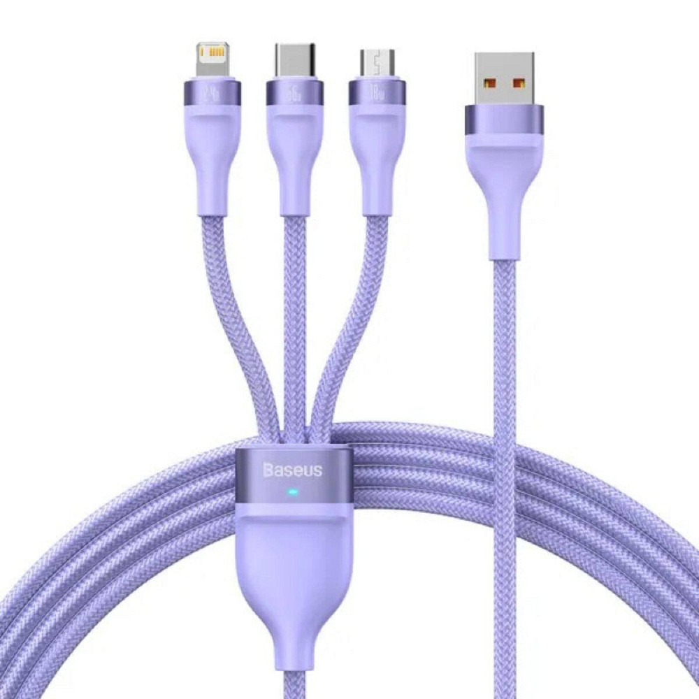 Кабель Baseus Flash Series II One-for-three Fast Charging Data Cable USB to M+L+C 66W 1.2m Purple CASS040005 Одесса - изображение 1