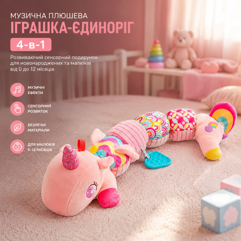 Музична плюшева іграшка-єдиноріг Toyzey 4-в-1: розвиваючий сенсорний подарунок для новонароджених та малюків від 0 до 12 місяців Київ - фото 9