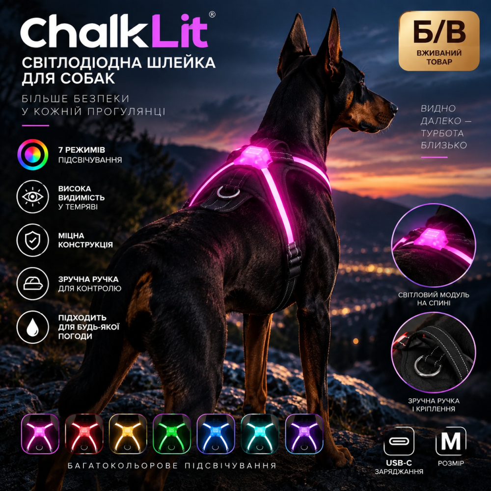 Б/В Світлодіодна шлейка ChalkLit M для собак, 7 режимів, багатокольорове підсвічування, USB-C, ручка, чорна Київ - фото 1