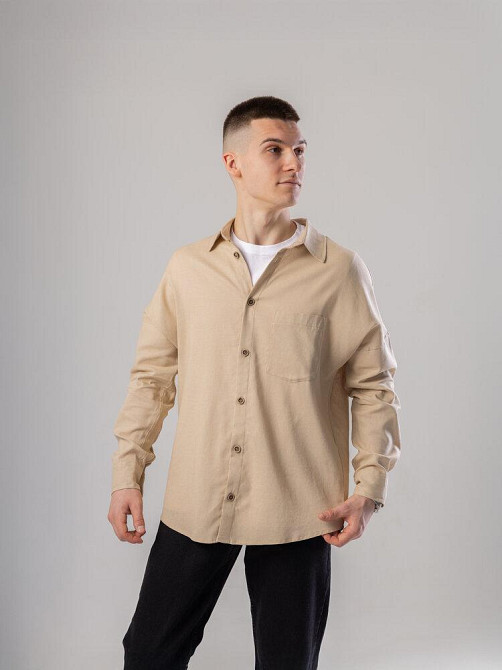 Темно-бежева лляна сорочка для чоловіків із довгим рукавом Pobedov Founder Київ - фото 6
